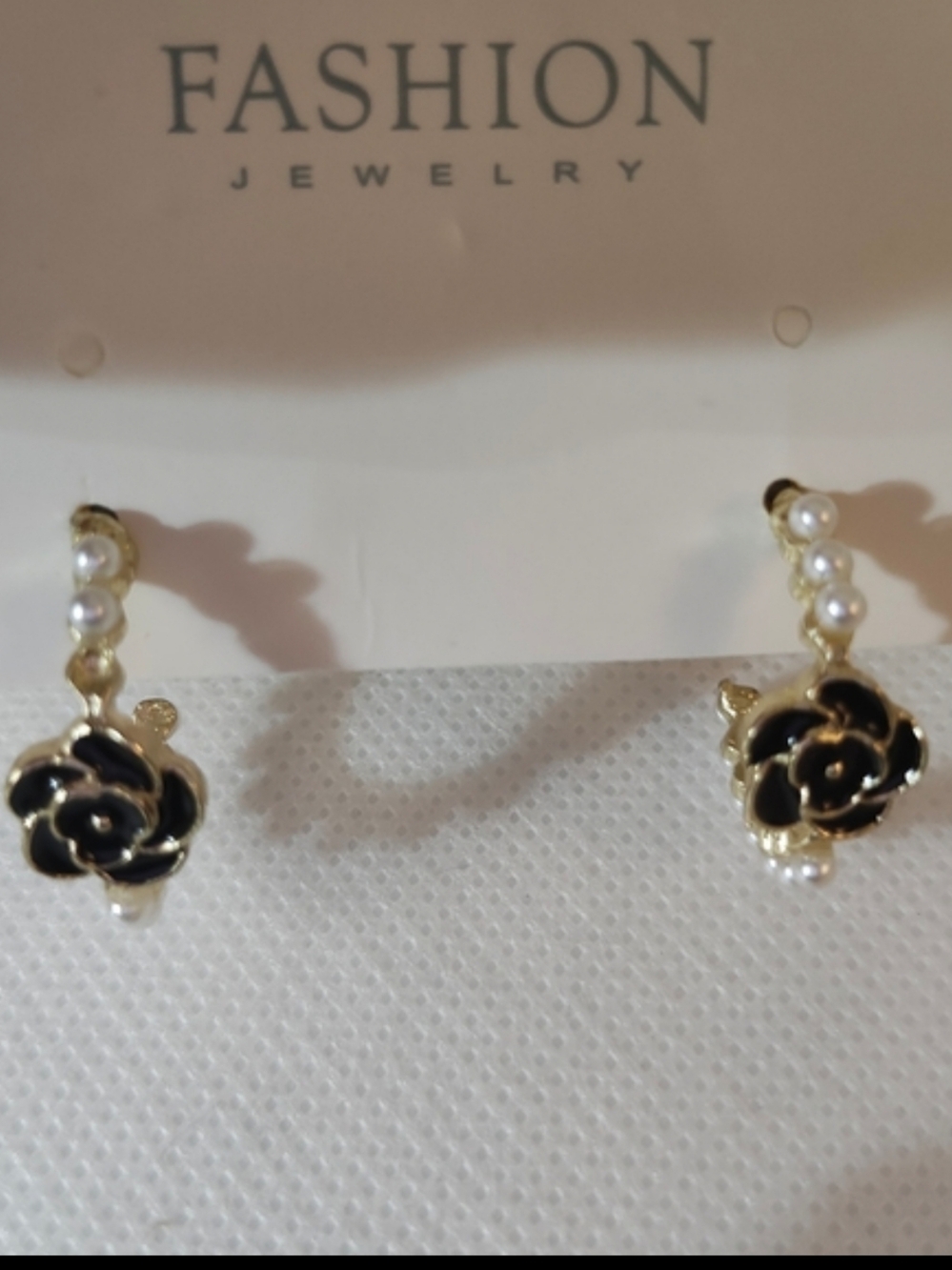 Elegant Black and Gold Camilla Flower  Earrings With Faux Pearl Accents - Picture 6 of 6